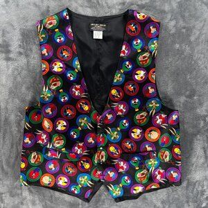 VINTAGE 1993 LOONEY TUNES MANIA 100% SILK VEST Men XL Bugs Taz Daffy Marvin